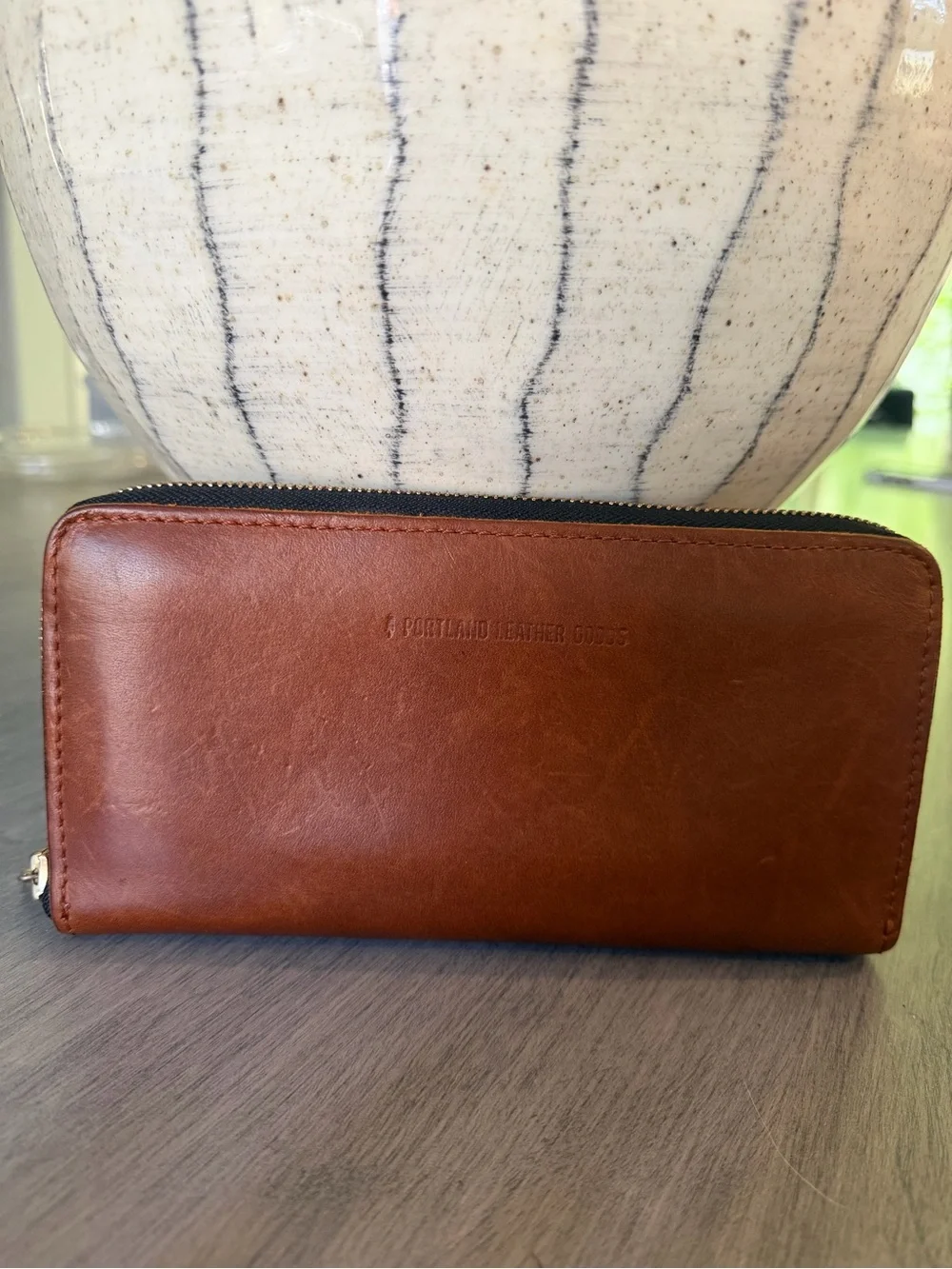 Portland Leather Cognac Accordion Zip Wallet EUC